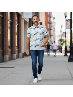 YATTA GOLF Palm Tree Performance Polo Shirt Men's Medium Light Blue Tropical